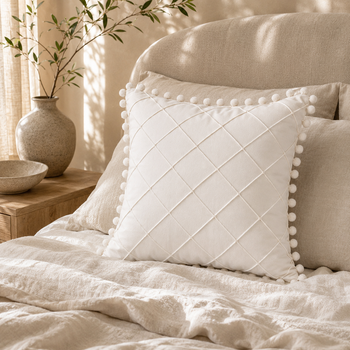 Diamond Stitch Pom-Pom Decorative Cushion Cover