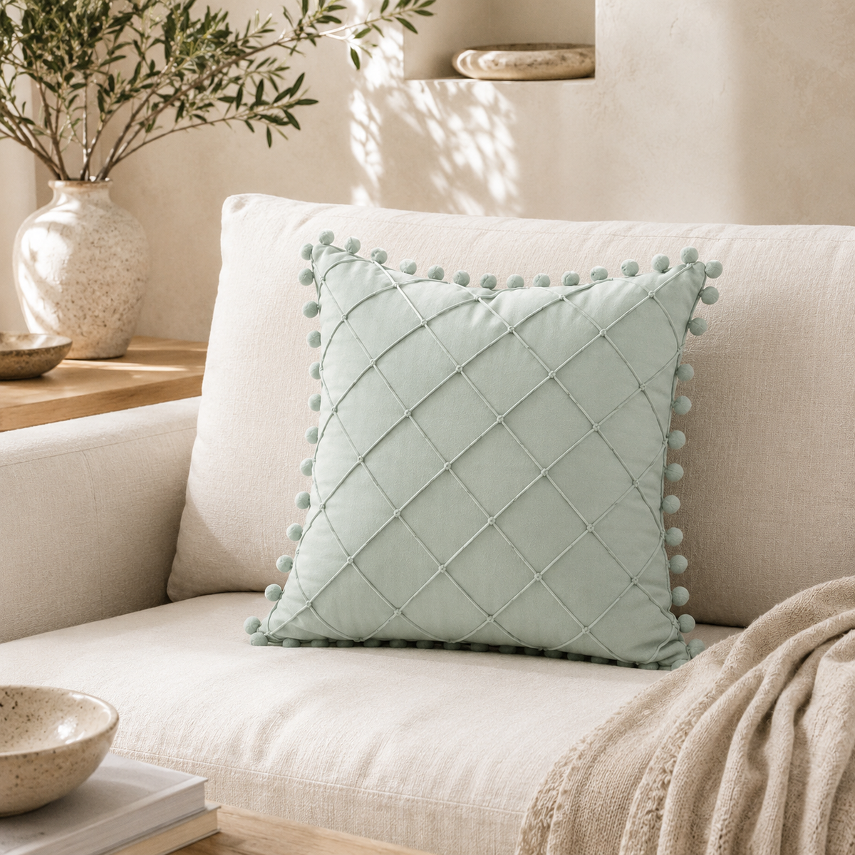 Diamond Stitch Pom-Pom Decorative Cushion Cover