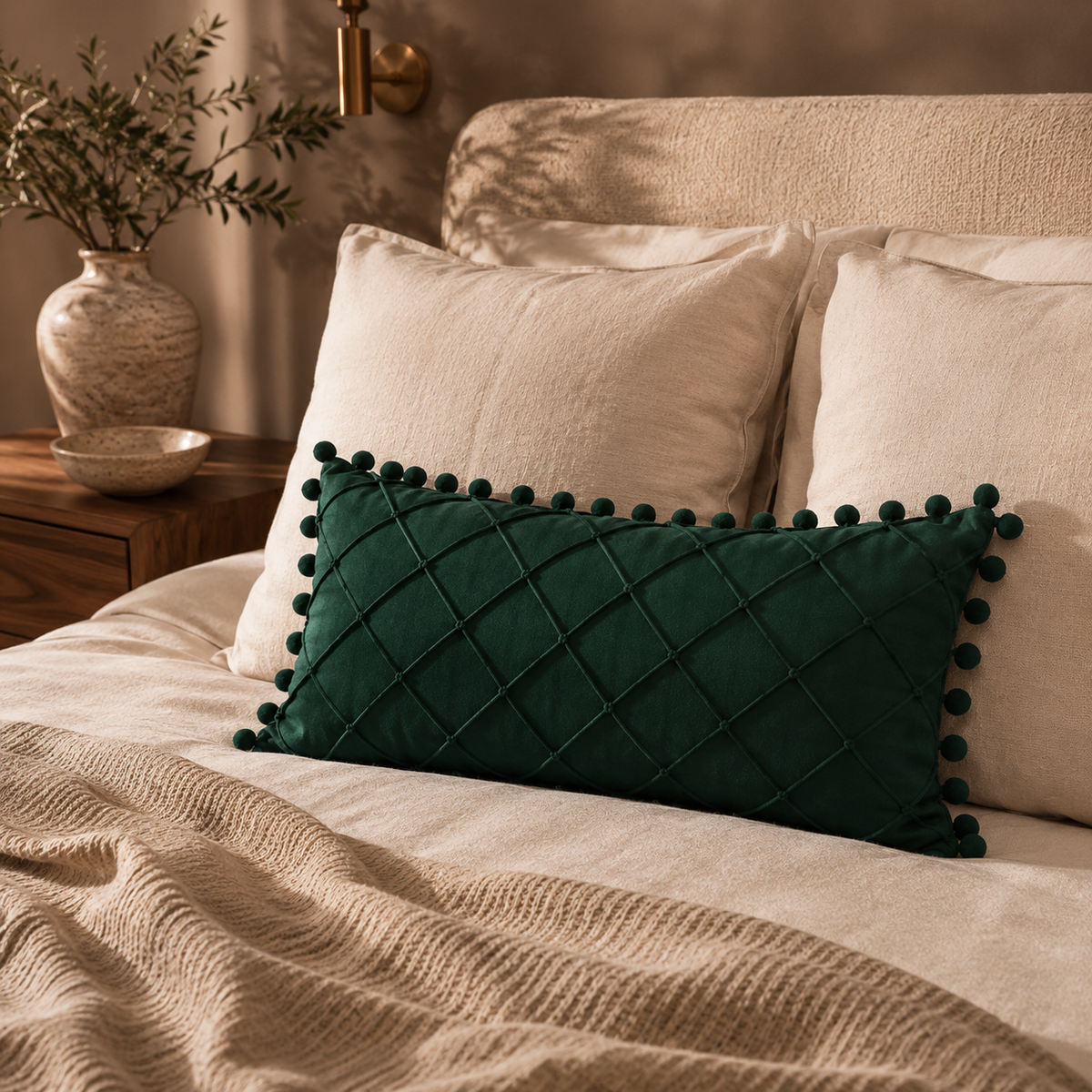 Diamond Stitch Pom-Pom Decorative Cushion Cover