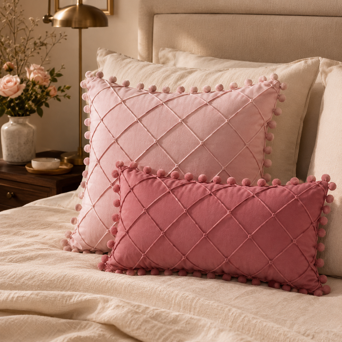 Diamond Stitch Pom-Pom Decorative Cushion Cover