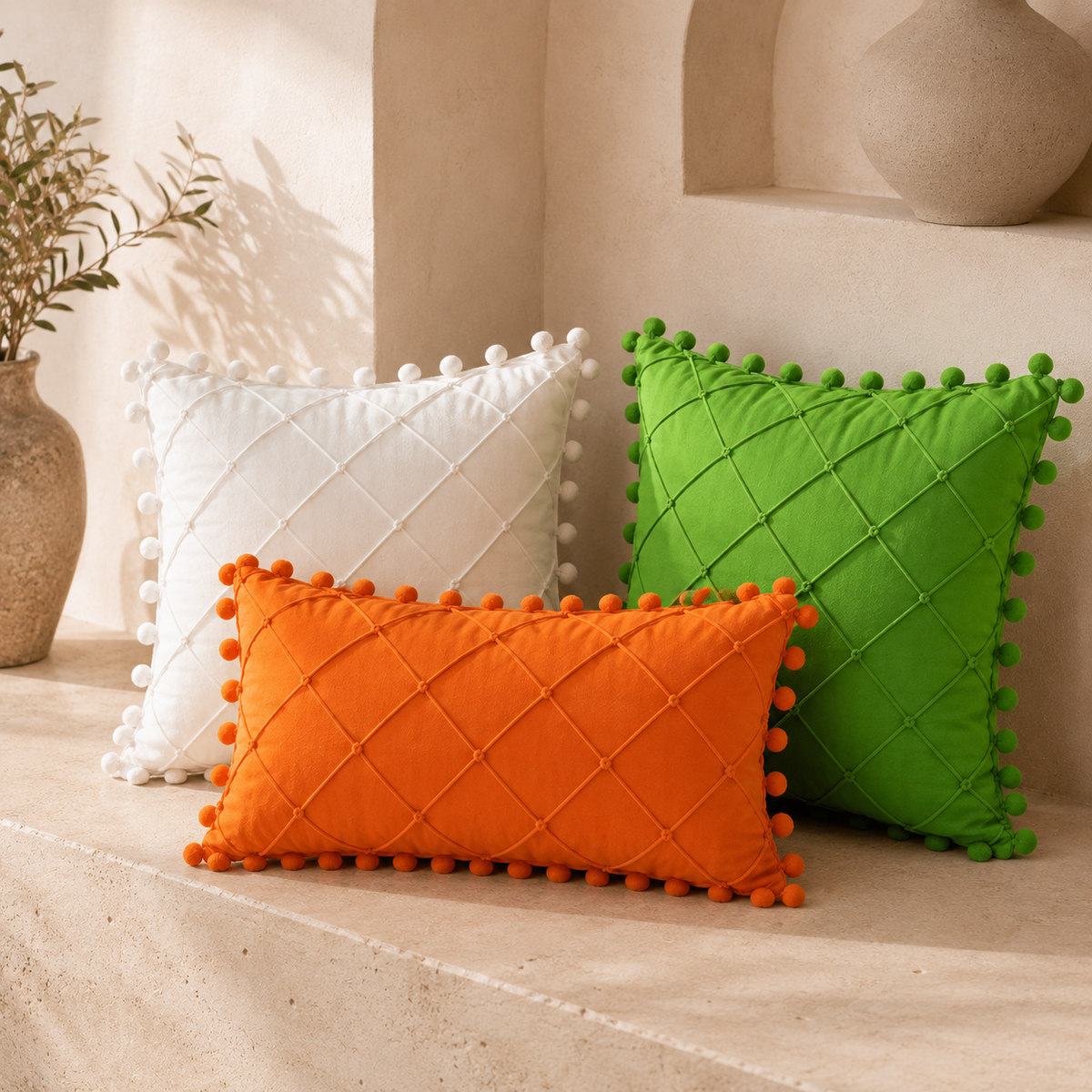 Diamond Stitch Pom-Pom Decorative Cushion Cover