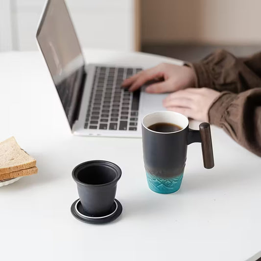 Premium Handmade Ceramic Tea Mug with Infuser & Wood Handle - Retro Style All-in-One Brewing System