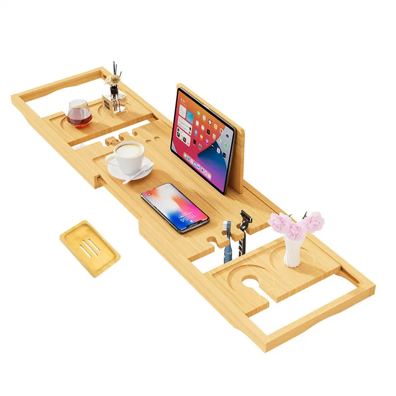 Expandable bamboo bathtub caddy tray