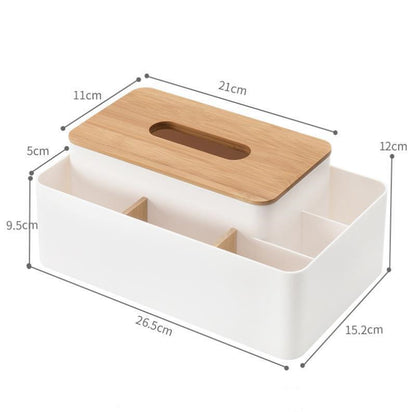 Bamboo-topped tissue and essentials organizer – verified dimensions