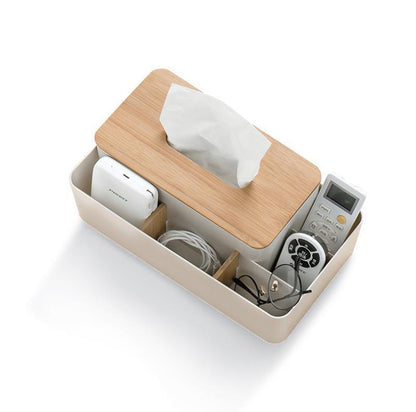 Bamboo-topped tissue and essentials organizer with everyday accessories