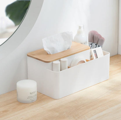 Bamboo-topped tissue and essentials organizer in a vanity setting