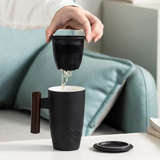 Premium Handmade Ceramic Tea Mug with Infuser & Wood Handle - Retro Style All-in-One Brewing System