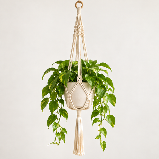 Hand-woven cream cotton rope plant hanger with wooden ring and trailing indoor plant