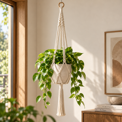 Hand-woven cotton rope plant hanger in a warm modern organic interior
