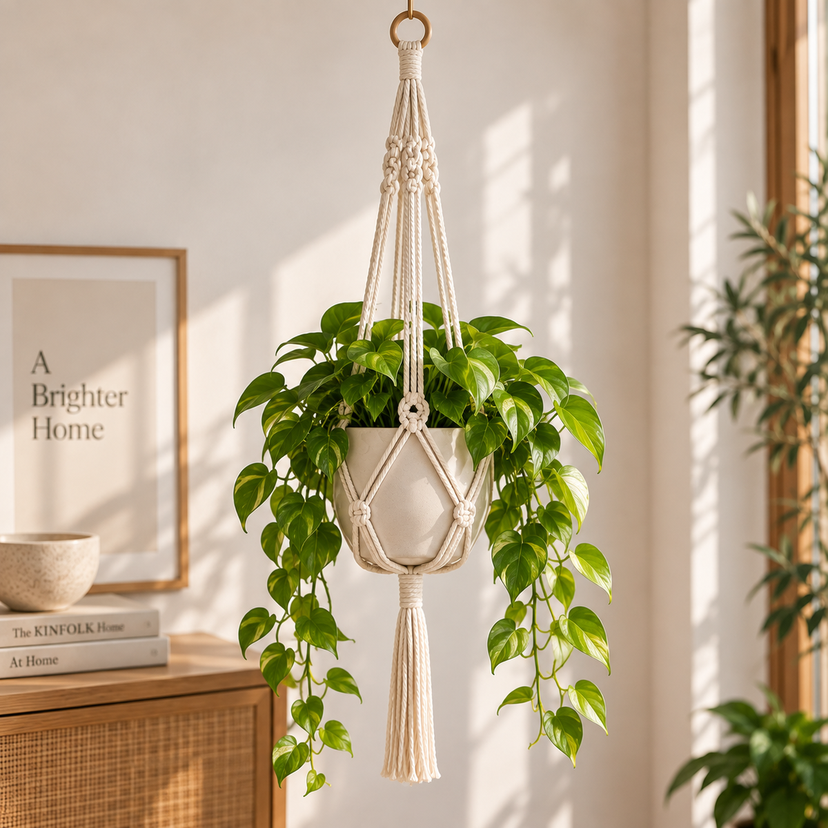 Cream macrame plant hanger with wooden ring styled in a sunlit neutral home