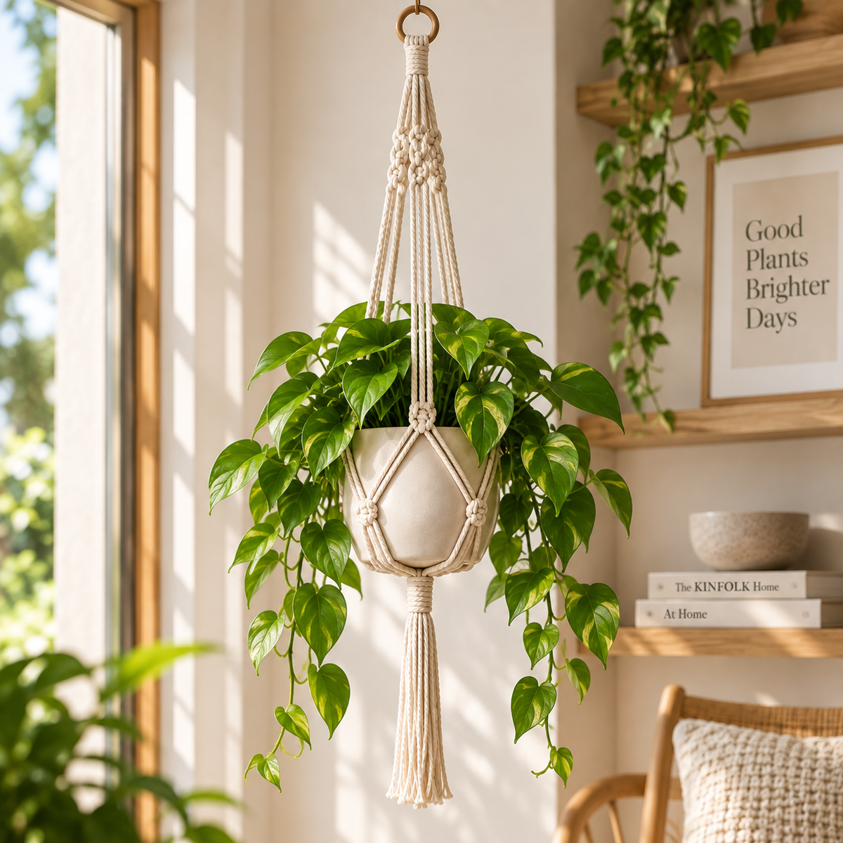 Cotton rope hanging planter styled beside a bright window in a natural interior
