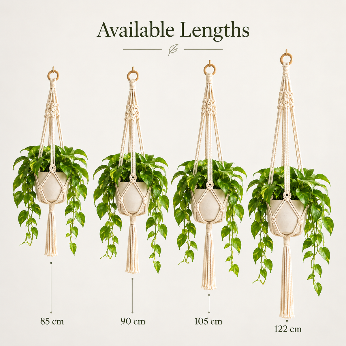 Hand-woven cotton rope plant hanger size comparison showing 85 cm, 90 cm, 105 cm and 122 cm lengths