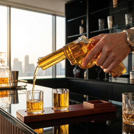 Revolver Decanter Set - Amber Glass Gun Dispenser with 2 Whiskey Glasses & Mahogany Base