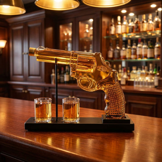 Revolver Decanter Set - Amber Glass Gun Dispenser with 2 Whiskey Glasses & Mahogany Base